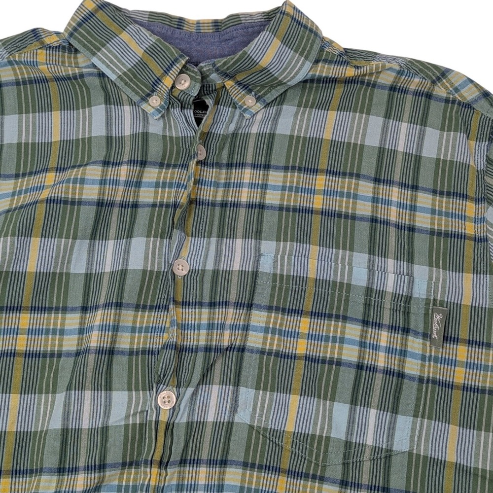 Woolrich Mens Plaid Short Sleeve Button Up Shirt Size L Green Yellow Blue Casual